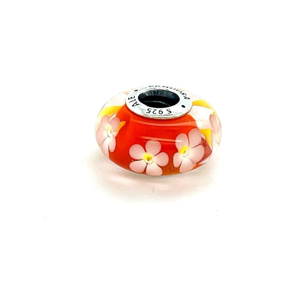 Pandora Orange Floral Murano Glass Charm with Pink Flowers